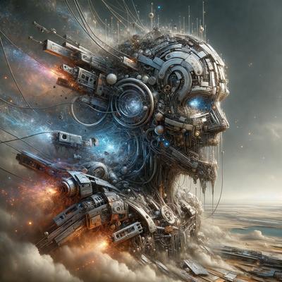 The primary subject of the image is a futuristic robot head with a mechanical appearance. The setting is a cloudy sky, and the visual style is digital art. The robot head is the main focus of the image, and the dominant colors are a mix of metallic tones and shades of gray. The overall atmosphere is one of advanced technology and a sense of mystery.